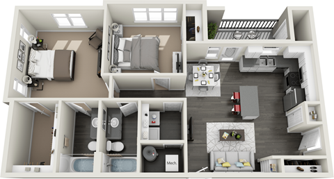 Floor plan for 2 beds, 2 baths, 942 sqft